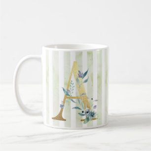 Caneca De Café A, inicial dourada em faixas azuis e brancas