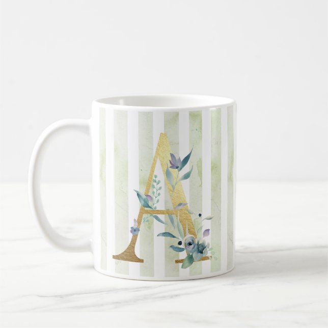 Caneca De Café A, inicial dourada em faixas azuis e brancas (Esquerda)