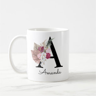 Caneca De Café A Inicial Floral Rosa Moderna