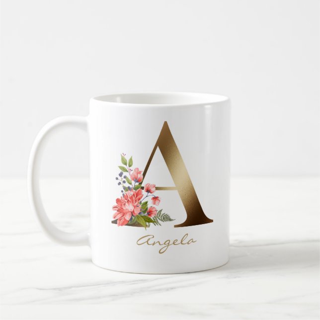 Caneca De Café A letra | Faux Gold Foil Monograma Floral (Esquerda)