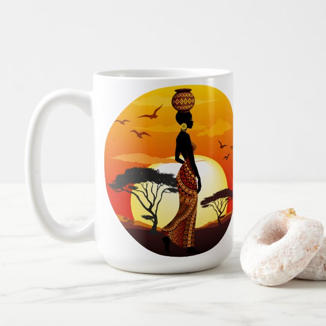 Caneca De Café A linda mulher africana Silhouette sobre os sóis a (Com Donut)