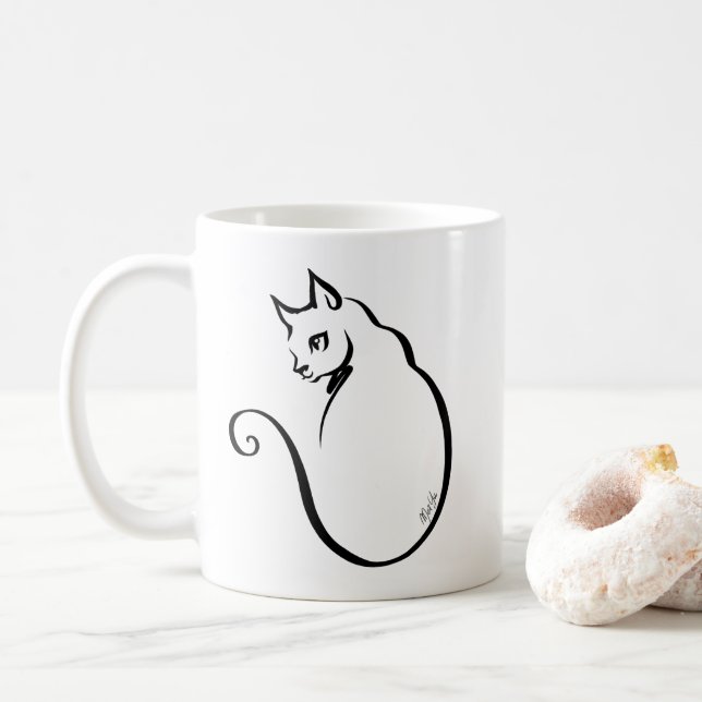 Caneca De Café A mão elegante tirada 5 linhas dobro do gato tomou (Com Donut)