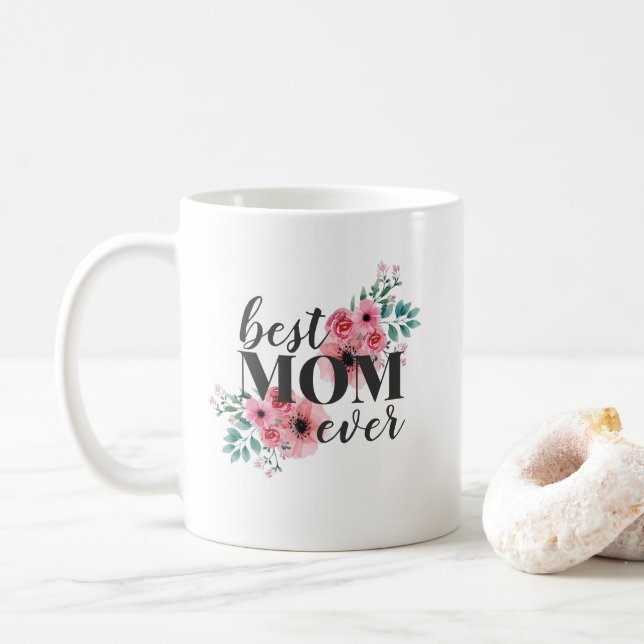 Caneca De Café A Melhor Mãe Floral Rosa Já Personalizada (Com Donut)