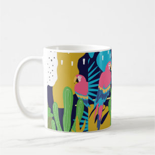 Caneca De Café A selva tropical deixa o fundo com papagaios. Su