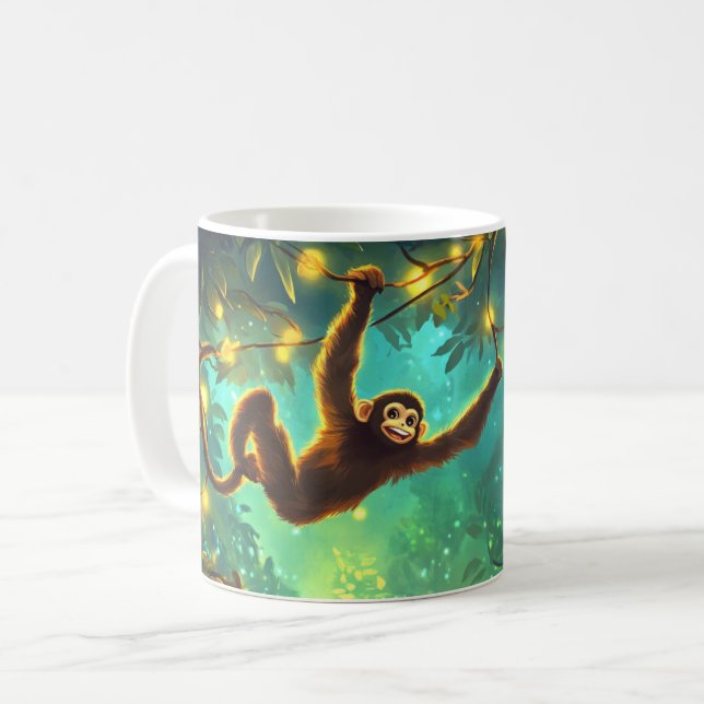 Caneca De Café A smiling young monkey swinging through lush tropi (Frente Esquerda)