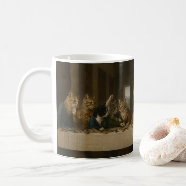 Caneca De Café A Última Ceia dos Gatos Paródia da Arte Renascenti (Com Donut)