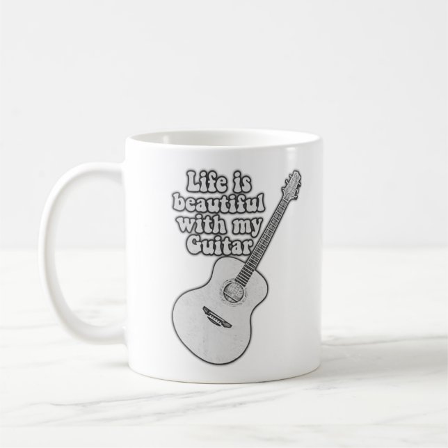 Caneca De Café A vida é bela com o meu violão. preto e branco (Esquerda)