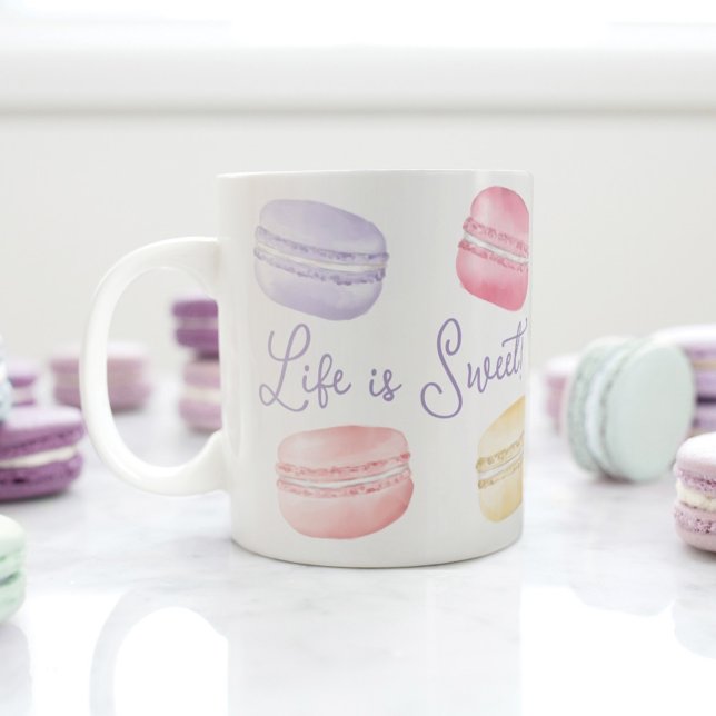 Caneca De Café A vida é doce Aquarela Rainbow Macaroon Monograma (Criador carregado)