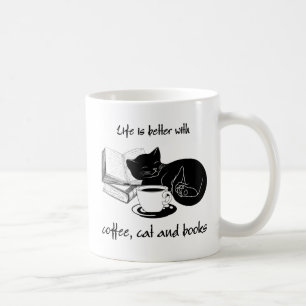 CANECA DE CAFÉ A VIDA É MELHOR COM CAFÉ DE GATO E LIVROS