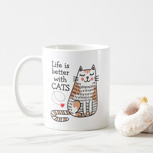 Caneca De Café A Vida É Melhor Com Gatos Doodle (Com Donut)