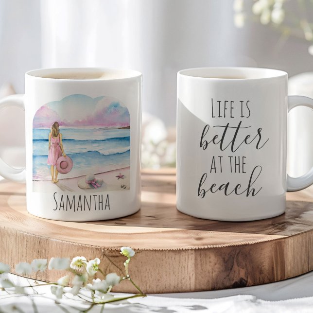 Caneca De Café A vida é melhor na praia do café (Beach coffee mugs watercolor pink and blue art by Victoria Grigaliunas of Do Tell A Belle)