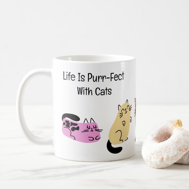 Caneca De Café A Vida É Puro Fecho Com Gatos (Com Donut)