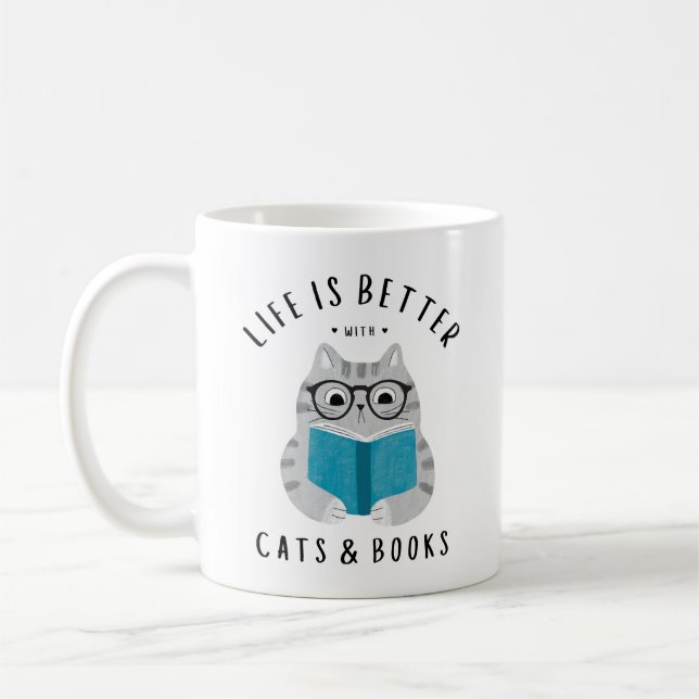 Caneca De Café A vida engraçada é melhor com gatos e livros (Esquerda)