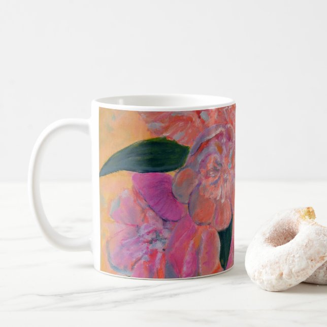 Caneca De Café A Vida Estática com a Pintura de Peônias (Com Donut)