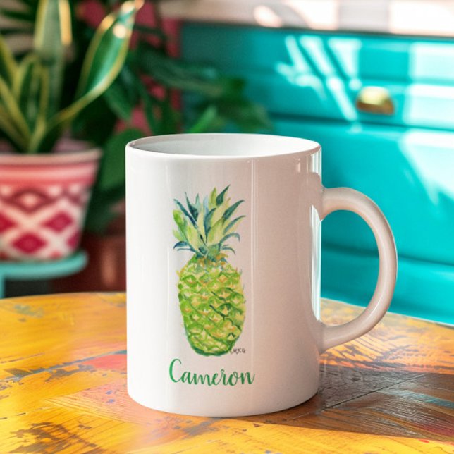 Caneca De Café Abacaxi Aquarela Arte Original Amarelo (This cute boho pineapple mug can keep those Hawaiian summer vacation vibes going all year long!)