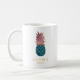 Caneca De Café Abacaxi e ouro coloridos da aguarela Aloha
