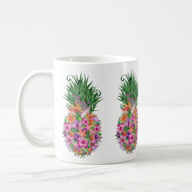 Caneca De Café Abacaxi Floral Tropical Aquarela (Esquerda)