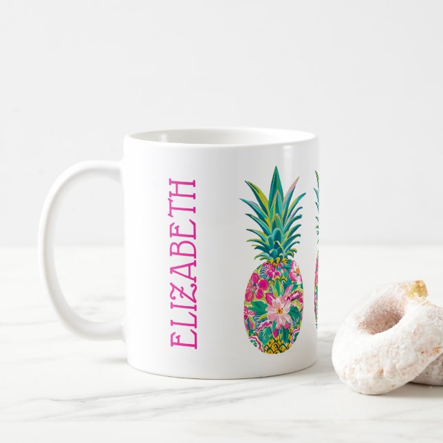 Caneca De Café Abacaxi Floral Verde, Rosa Tropical (Com Donut)