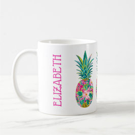 Caneca De Café Abacaxi Floral Verde, Rosa Tropical