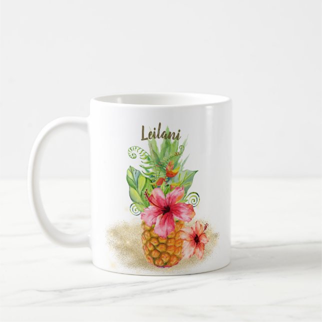Caneca De Café Abacaxi Tropical Aquarela Floral Hibiscus Palm (Esquerda)