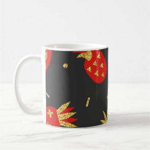 Caneca De Café Abacaxi vermelho, brilho, fundo preto.