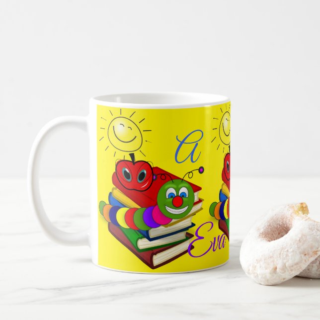 Caneca De Café Abc Bookworm, Livros, Apple Yellow Mug (Com Donut)