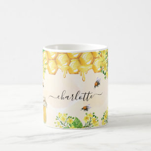 Caneca De Café Abejas zumbadoras florais amarelo mel nome script