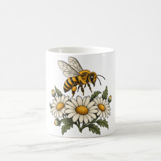 Caneca De Café Abelha com Margaridas e Folhas Botânicas