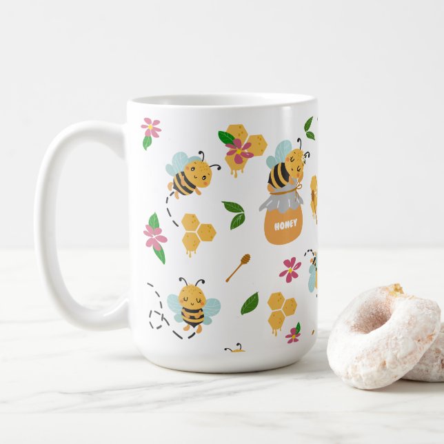 Caneca De Café Abelha e padrão de mel (Com Donut)