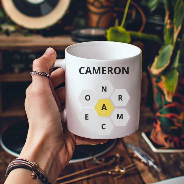 Caneca De Café Abelha Ortográfica Nyt,Wordle de Nome Personalizad (Criador carregado)