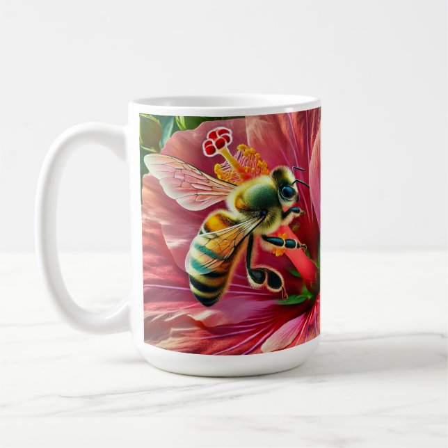 Caneca De Café Abelha Polinizando Flor de Hibisco Vibrante (Esquerda)