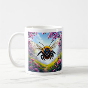 Caneca De Café Abelha Voadora em Arte de Prado Floral Colorido