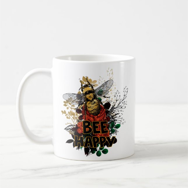Caneca De Café Abelhas Coloridas Felizes e Flores (Esquerda)