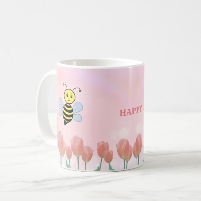 Caneca De Café Abelhas Felizes e Tulipas Rosa (Frente Esquerda)