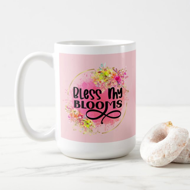 Caneca De Café Abençoa Meus Bloomos Flores Rosa De Mola (Com Donut)