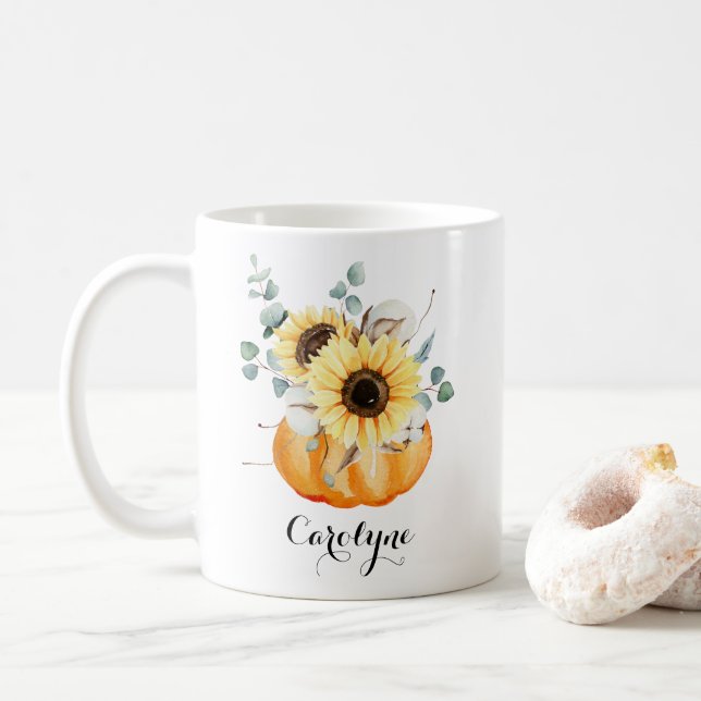 Caneca De Café Abóbora de Aquarela com Girassóis Personalizados (Com Donut)