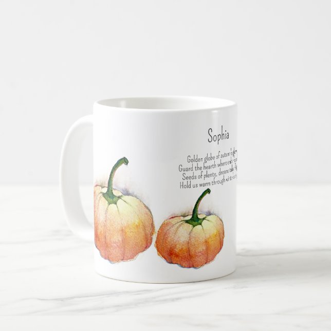 Caneca De Café Abóbora de Aquarela com Poema (Frente Esquerda)