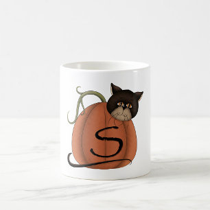 Caneca De Café Abóbora de Gato Preto Carta S Halloween