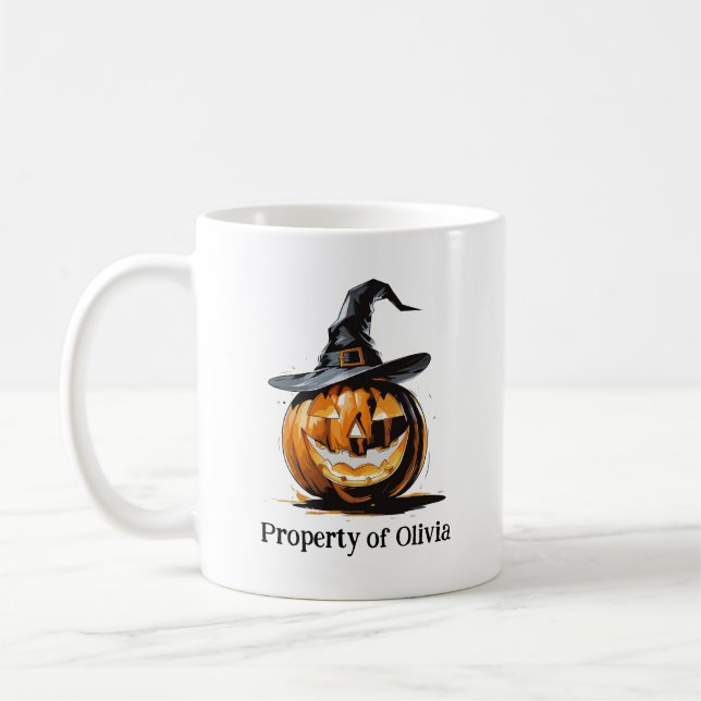 Caneca De Café Abóbora de Halloween Usando um Chapéu de Bruxa (Esquerda)