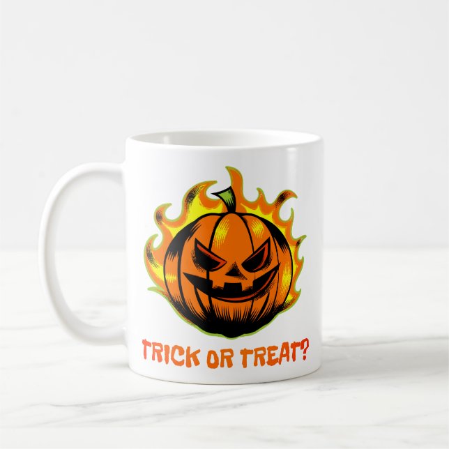Caneca De Café Abóbora Flamejante ou Doce? – Halloween (Esquerda)