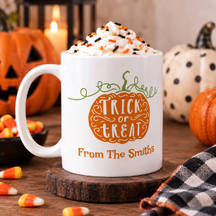 Caneca De Café Abóbora Laranja Verde Doce ou Travessa Halloween