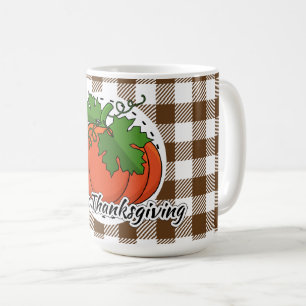 Caneca De Café Abóbora na Xadrez Marrom - Feliz Ação de Graças