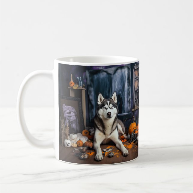 Caneca De Café Abóboras Cachorro Husky Siberiano Dia das Bruxas A (Esquerda)