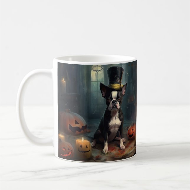 Caneca De Café Abóboras de Boston Terrier Halloween Assustador (Esquerda)