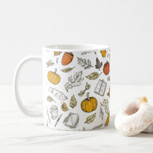 Caneca De Café Abóboras laranja e folhas em estilo gravado.