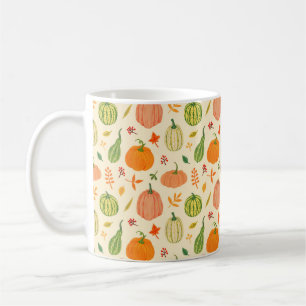 Caneca De Café Abóboras verdes e laranja com folhas e ramos