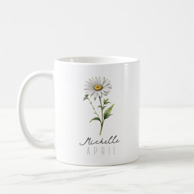 Caneca De Café Abril Mês de Nascimento Flor com Nome - Daisy (Esquerda)