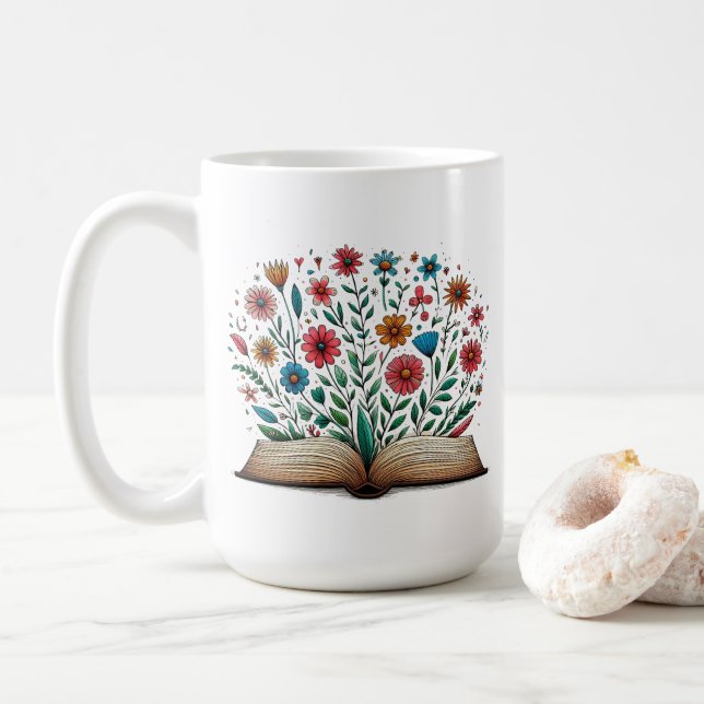 Caneca De Café Abrir Flor de Livro Grande Clássico (Com Donut)