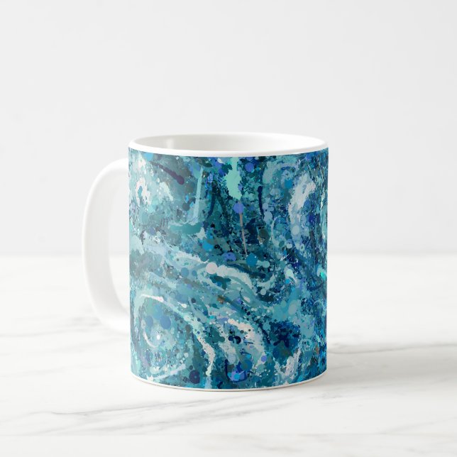 Caneca De Café Abstração das Ondas do Mar Branco Azul (Frente Esquerda)