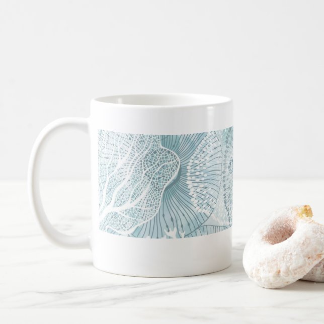 Caneca De Café Abstract Aqua Sea Life Line Art Mug  (Com Donut)